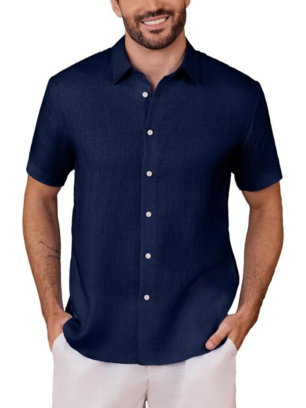 Men's Casual Short Sleeve Linen Shirt - Lightweight Collared Summer Top